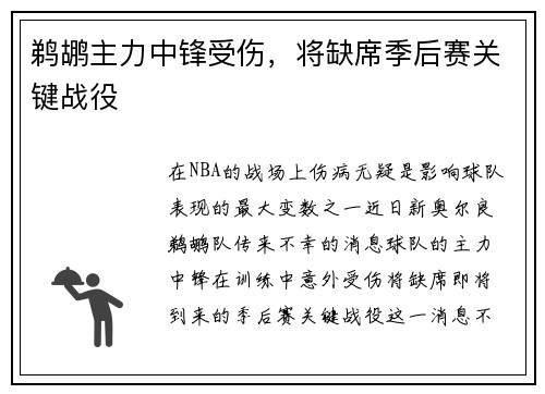 鹈鹕主力中锋受伤，将缺席季后赛关键战役